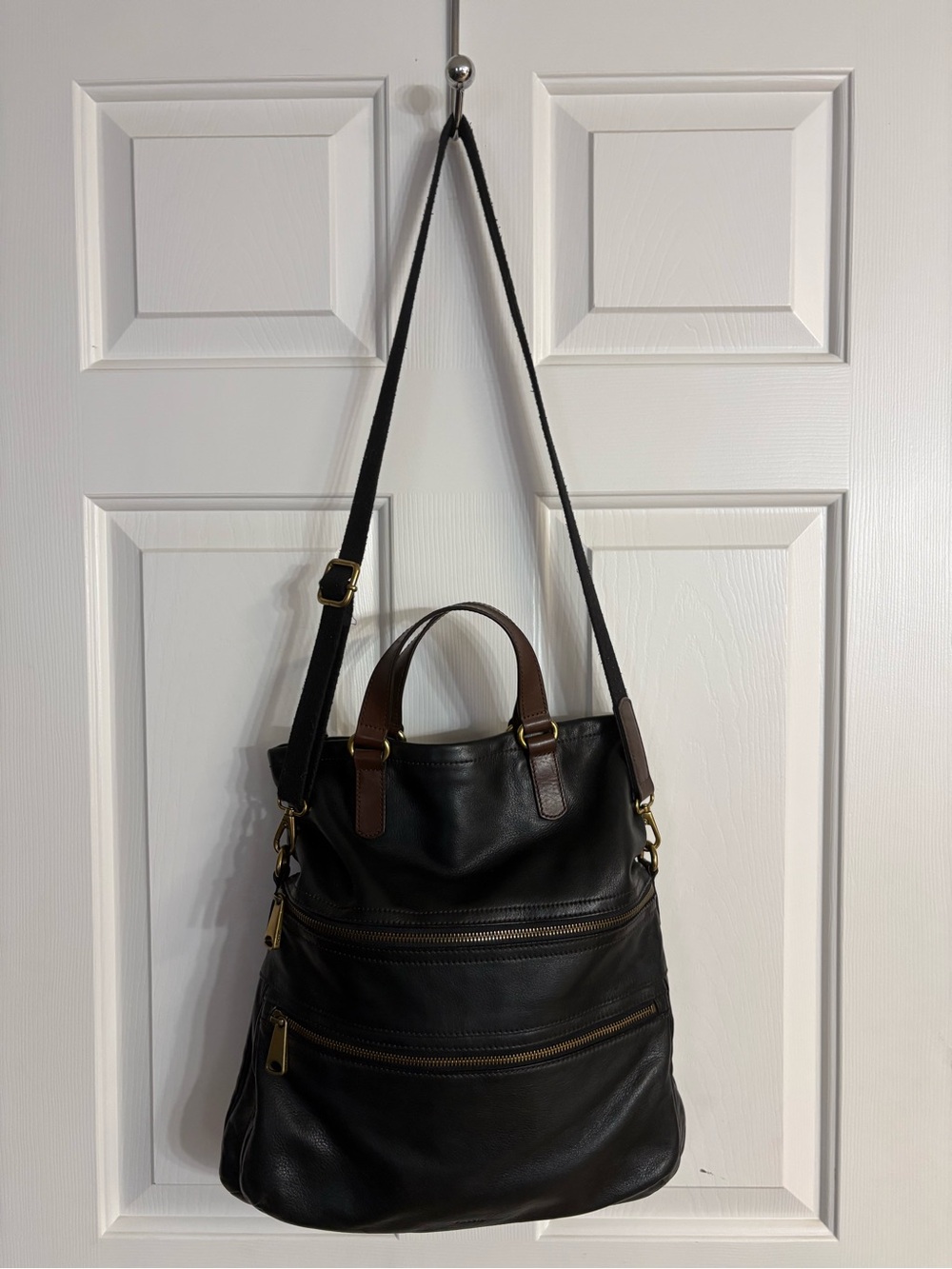 Fossil Explorer Fold-Over Leather Tote Bag with Brown Handles